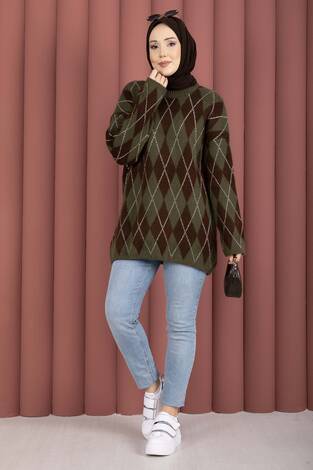 Softie Baklava Desenli Triko Kazak Haki - Thumbnail