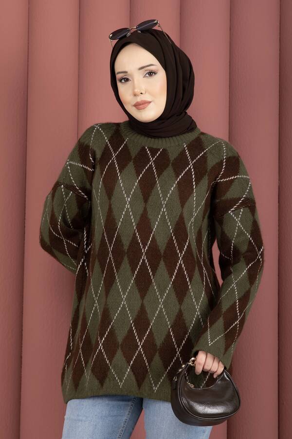 Mo - Softie Baklava Desenli Triko Kazak Haki (1)