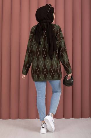 Softie Baklava Desenli Triko Kazak Haki - Thumbnail