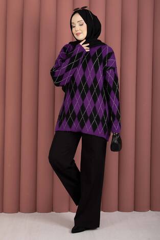 Softie Baklava Desenli Triko Kazak Mor