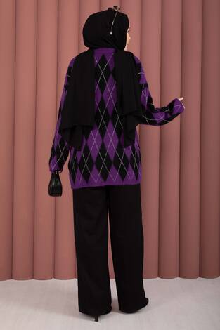 Softie Baklava Desenli Triko Kazak Mor - Thumbnail