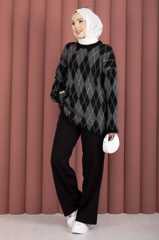 Softie Baklava Desenli Triko Kazak Siyah - Thumbnail