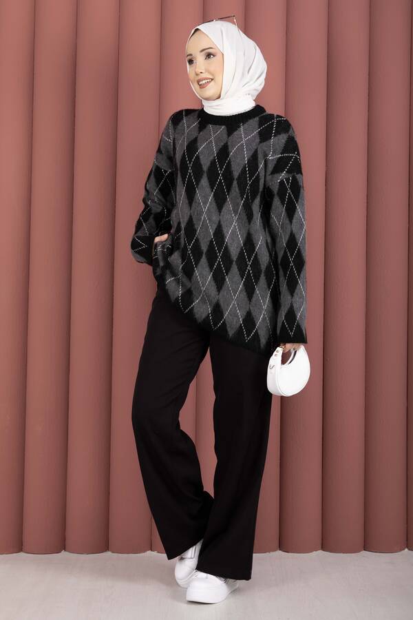 Mo - Softie Baklava Desenli Triko Kazak Siyah