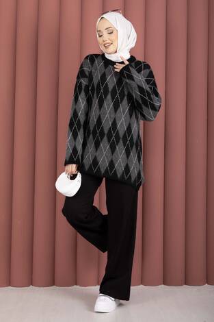 Softie Baklava Desenli Triko Kazak Siyah - Thumbnail