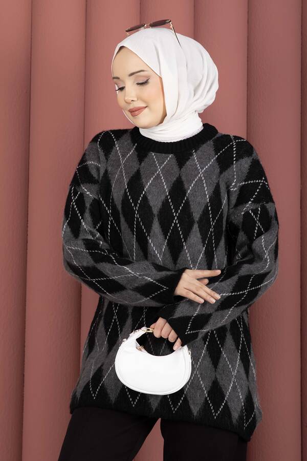 Mo - Softie Baklava Desenli Triko Kazak Siyah (1)