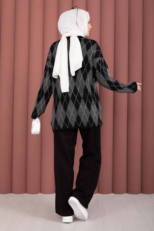 Softie Baklava Desenli Triko Kazak Siyah - Thumbnail