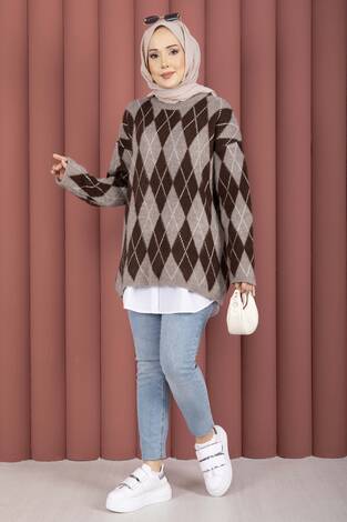 Softie Baklava Desenli Triko Kazak Vizon