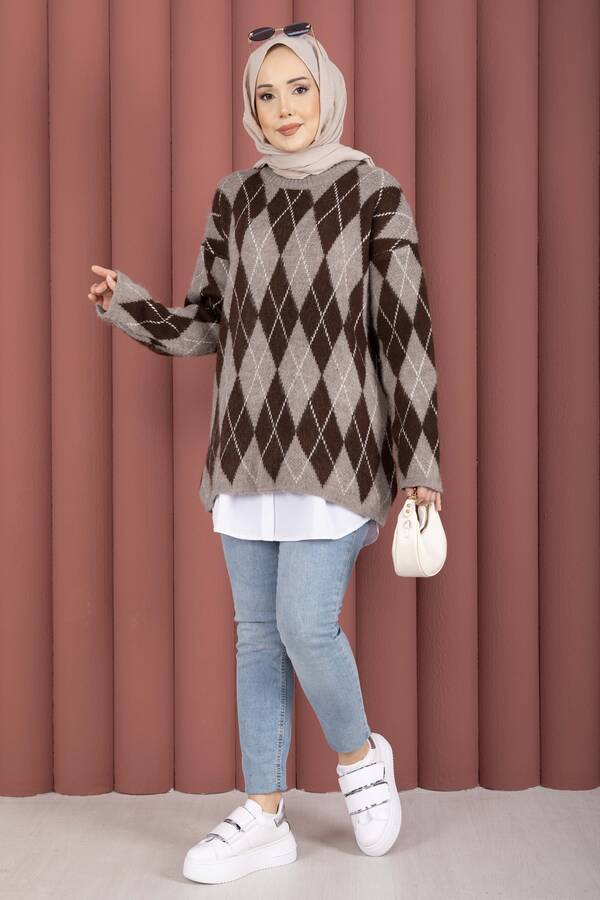 Mo - Softie Baklava Desenli Triko Kazak Vizon