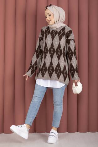 Softie Baklava Desenli Triko Kazak Vizon - Thumbnail