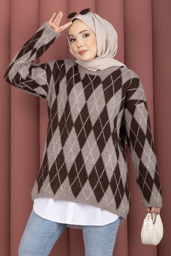 Mo - Softie Baklava Desenli Triko Kazak Vizon (1)