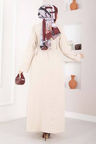 Softline Yarım Düğmeli Kuşaklı Tesettür Elbise Bej - Thumbnail