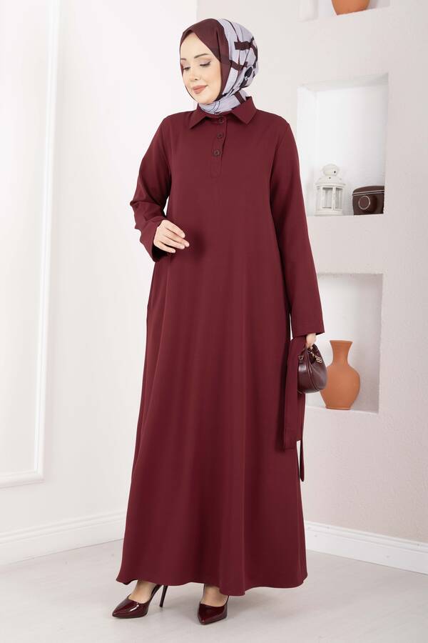 Softline Yarım Düğmeli Kuşaklı Tesettür Elbise Bordo - 3