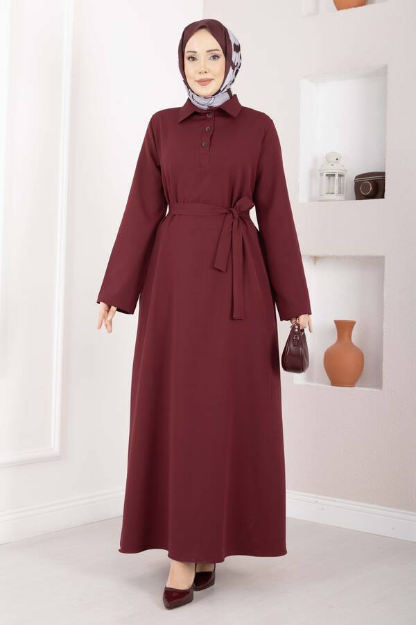 Softline Yarım Düğmeli Kuşaklı Tesettür Elbise Bordo - 4