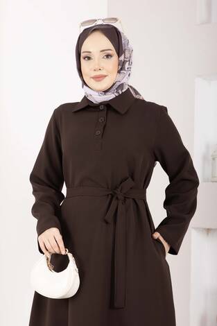 Softline Yarım Düğmeli Kuşaklı Tesettür Elbise Kahve - Thumbnail