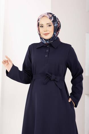 Softline Yarım Düğmeli Kuşaklı Tesettür Elbise Lacivert - Thumbnail