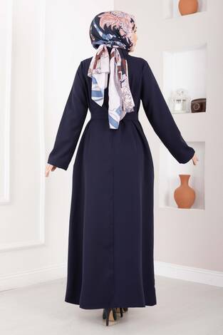 Softline Yarım Düğmeli Kuşaklı Tesettür Elbise Lacivert - Thumbnail