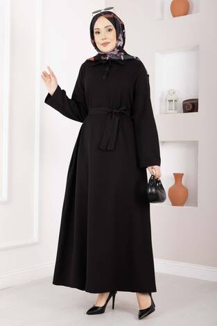 Softline Yarım Düğmeli Kuşaklı Tesettür Elbise Siyah - Thumbnail