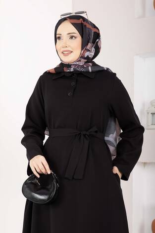Softline Yarım Düğmeli Kuşaklı Tesettür Elbise Siyah - Thumbnail