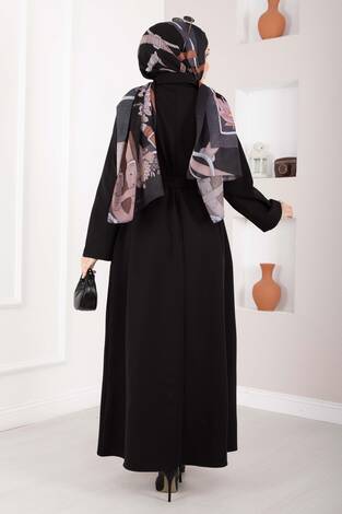 Softline Yarım Düğmeli Kuşaklı Tesettür Elbise Siyah - Thumbnail