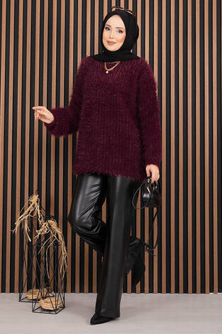 Softy Peluş Dokulu Triko Kazak Bordo - Thumbnail