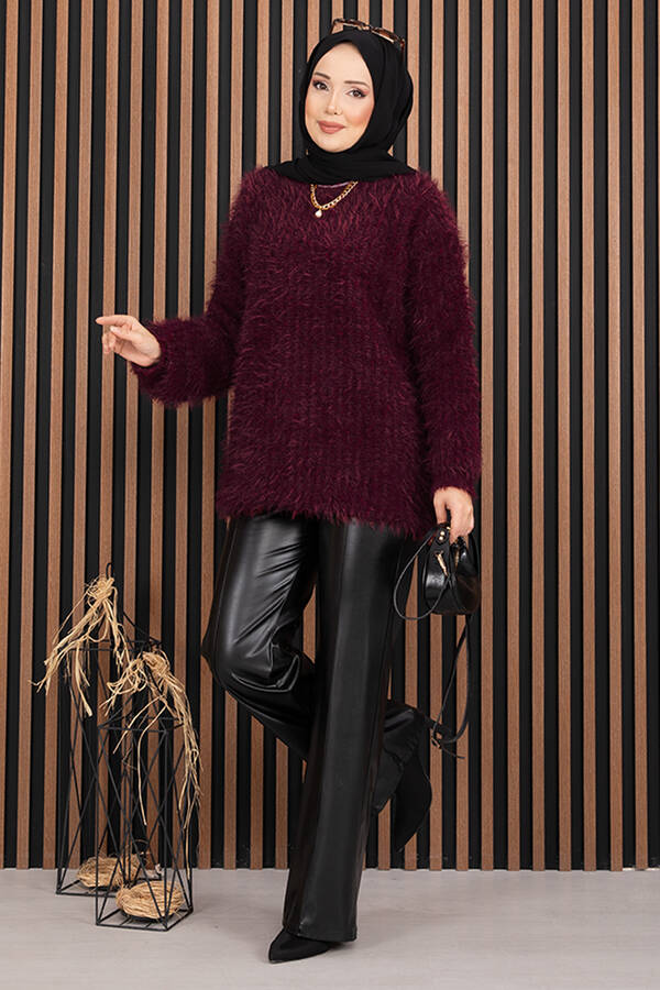 Mo - Softy Peluş Dokulu Triko Kazak Bordo