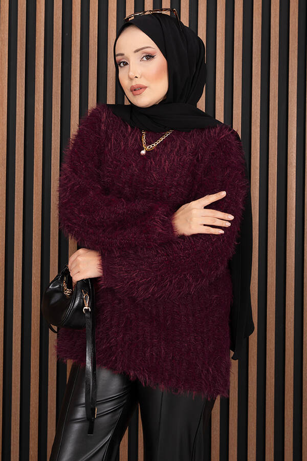Mo - Softy Peluş Dokulu Triko Kazak Bordo (1)