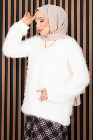 Softy Peluş Dokulu Triko Kazak Ekru - Thumbnail