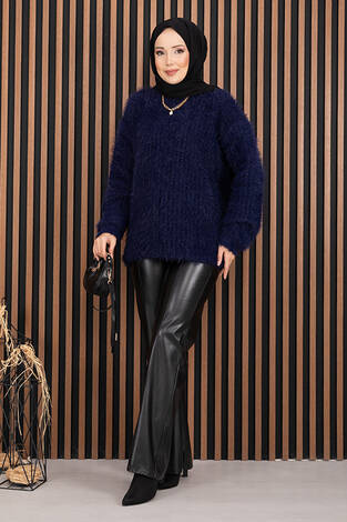 Softy Peluş Dokulu Triko Kazak Lacivert - Thumbnail