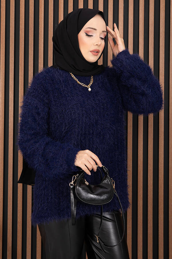 Mo - Softy Peluş Dokulu Triko Kazak Lacivert (1)