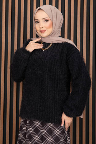 Softy Peluş Dokulu Triko Kazak Siyah - Thumbnail