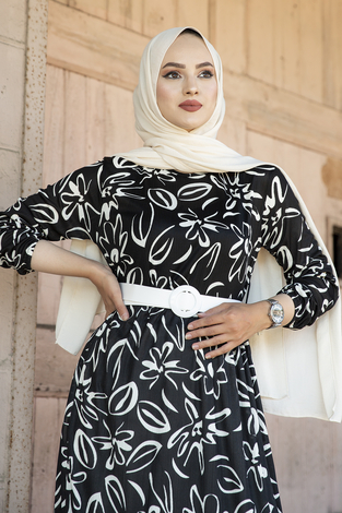 Soyut Desen Kemerli Elbise 120NY-9115 Siyah - Thumbnail