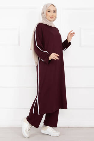 Sportif Biye Detaylı Uzun Tesettür Takım Bordo - Thumbnail