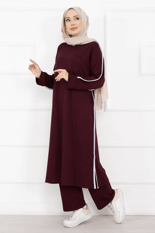 Sportif Biye Detaylı Uzun Tesettür Takım Bordo - Thumbnail