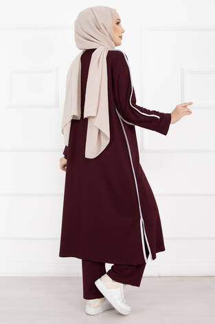 Sportif Biye Detaylı Uzun Tesettür Takım Bordo - Thumbnail