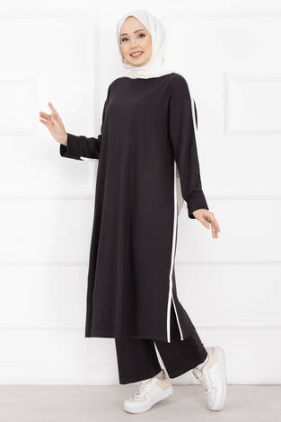 Sportif Biye Detaylı Uzun Tesettür Takım Füme - Thumbnail
