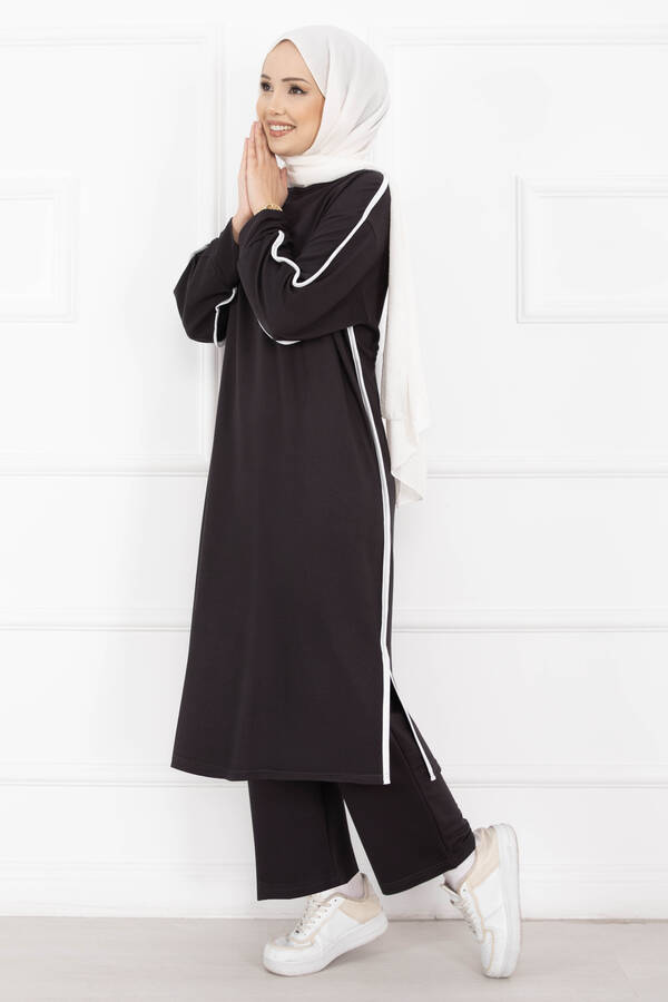 Azr - Sportif Biye Detaylı Uzun Tesettür Takım Füme