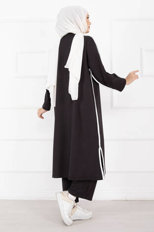 Sportif Biye Detaylı Uzun Tesettür Takım Füme - Thumbnail