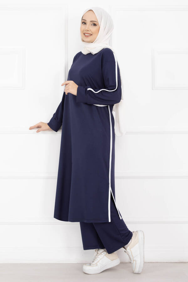 Azr - Sportif Biye Detaylı Uzun Tesettür Takım Lacivert