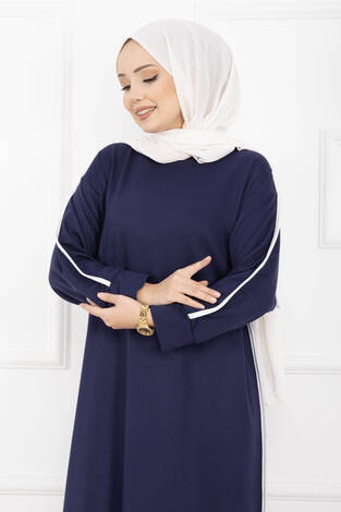 Sportif Biye Detaylı Uzun Tesettür Takım Lacivert - Thumbnail