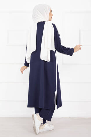 Sportif Biye Detaylı Uzun Tesettür Takım Lacivert - Thumbnail
