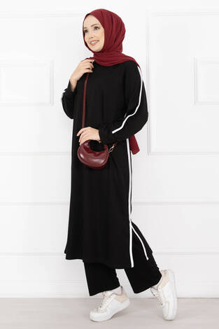 Sportif Biye Detaylı Uzun Tesettür Takım Siyah - Thumbnail