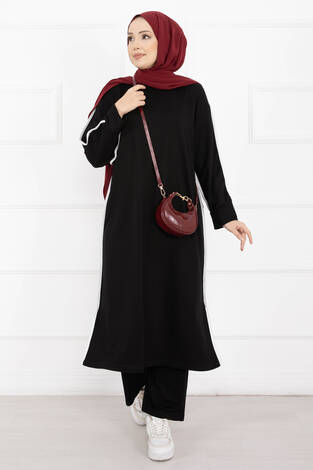 Sportif Biye Detaylı Uzun Tesettür Takım Siyah - Thumbnail