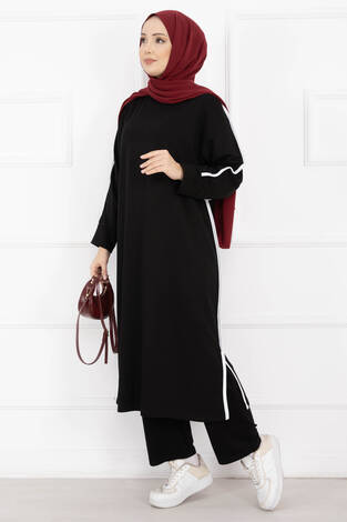 Sportif Biye Detaylı Uzun Tesettür Takım Siyah - Thumbnail