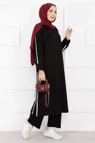 Sportif Biye Detaylı Uzun Tesettür Takım Siyah