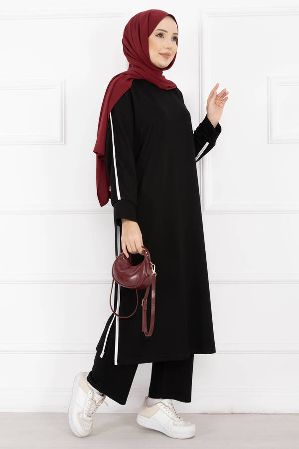Azr - Sportif Biye Detaylı Uzun Tesettür Takım Siyah