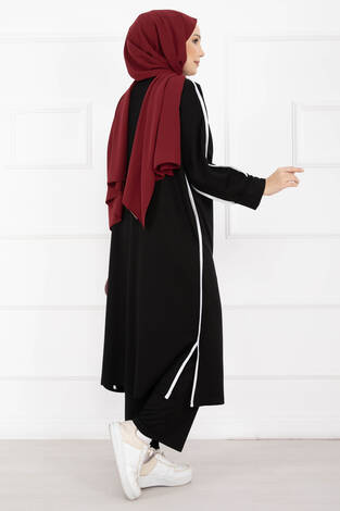 Sportif Biye Detaylı Uzun Tesettür Takım Siyah - Thumbnail