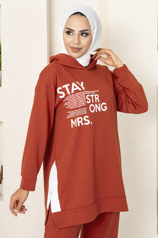 Stay Strong Mrs Yazılı İkili Tesettür Takım Kırmızı - Thumbnail