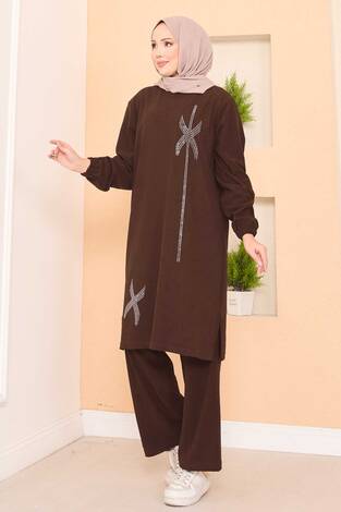 Stilize Taş Desenli Mini Yırtmaçlı Tesettür Takım Kahve - Thumbnail