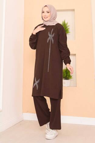 Stilize Taş Desenli Mini Yırtmaçlı Tesettür Takım Kahve - Thumbnail