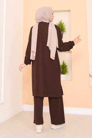 Stilize Taş Desenli Mini Yırtmaçlı Tesettür Takım Kahve - Thumbnail